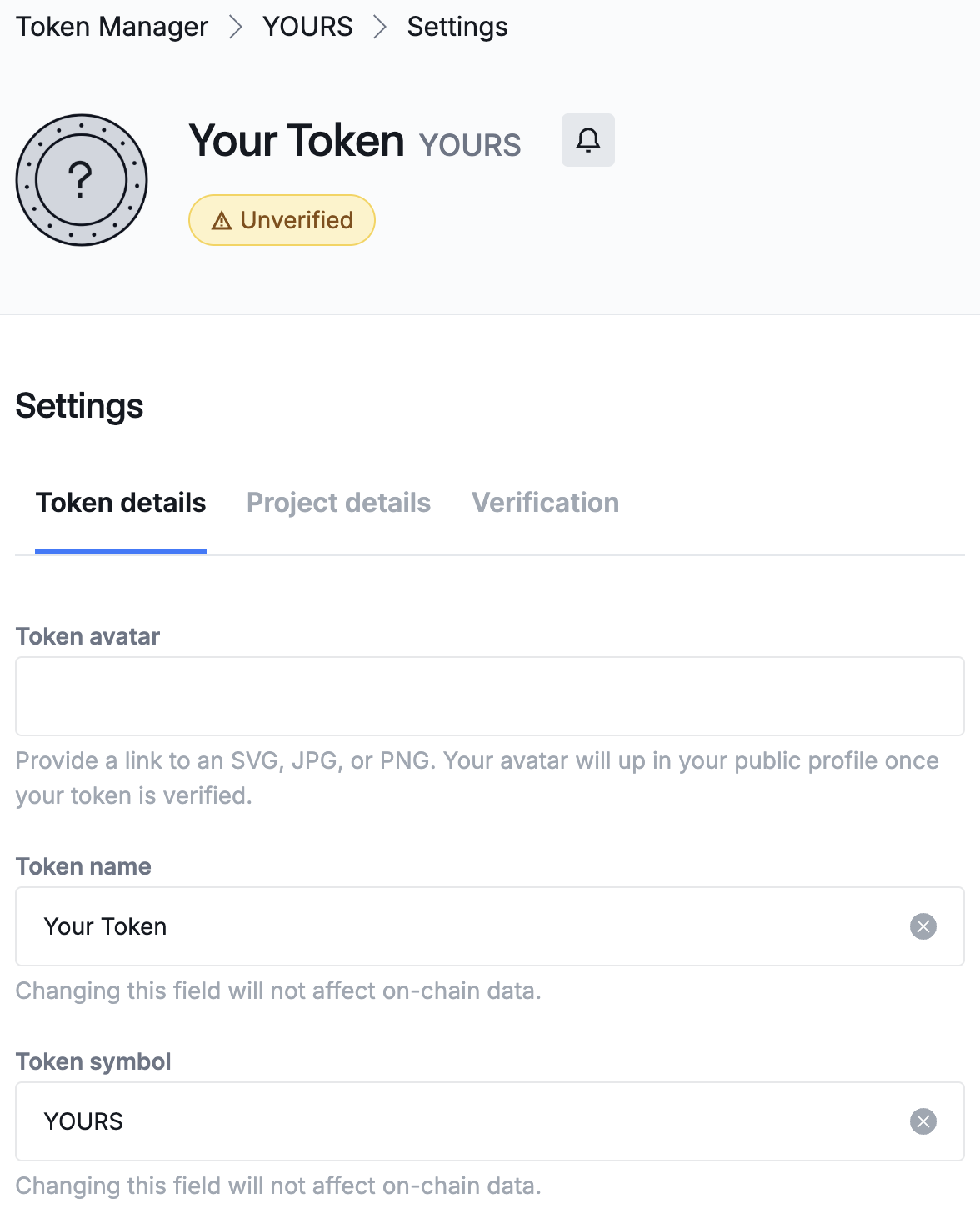 Token settings page